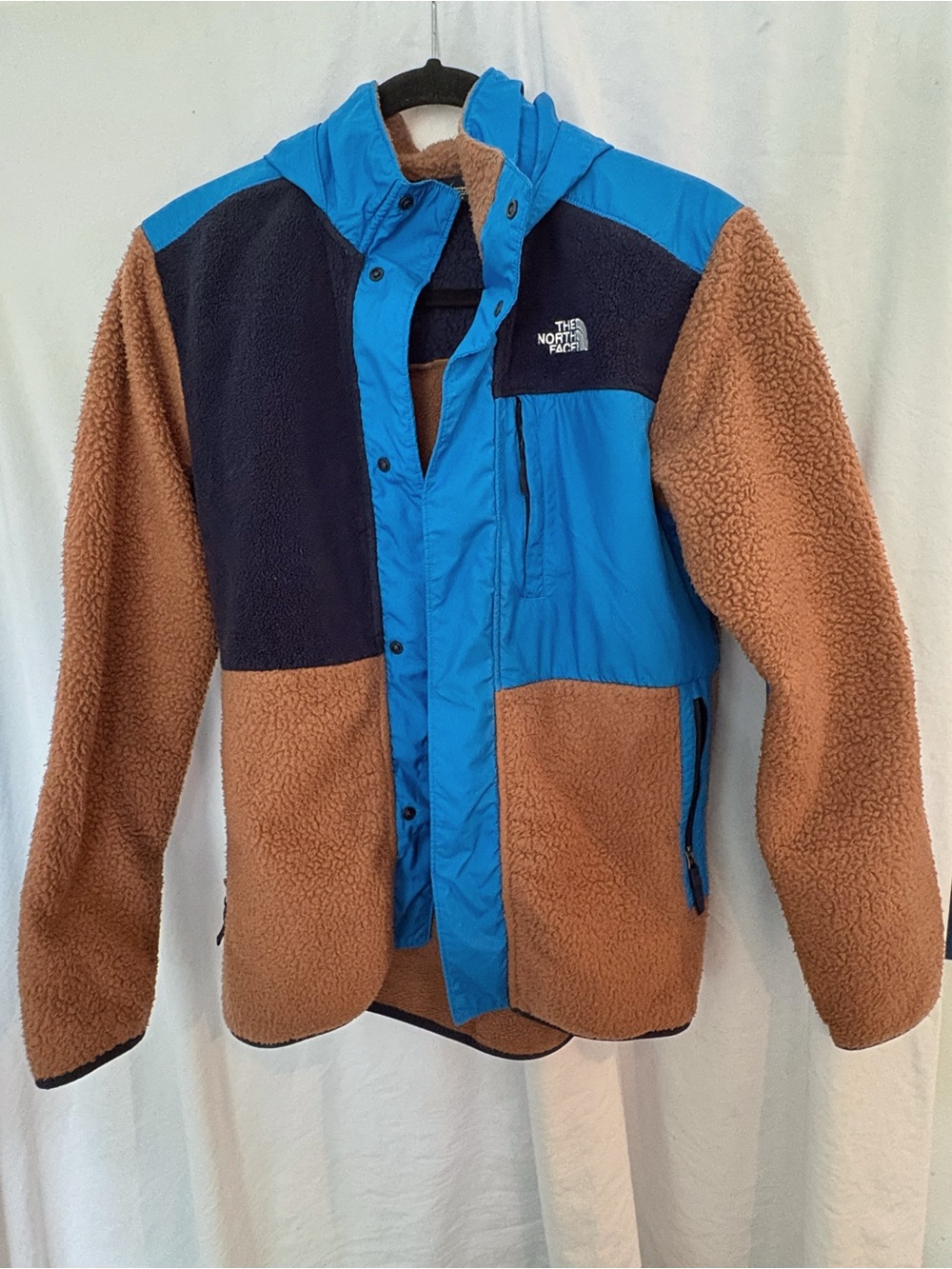 The North Face Boys Sherpa Fleece Hooded Jacket Colorblock XL 18/20 (Blue Brown)